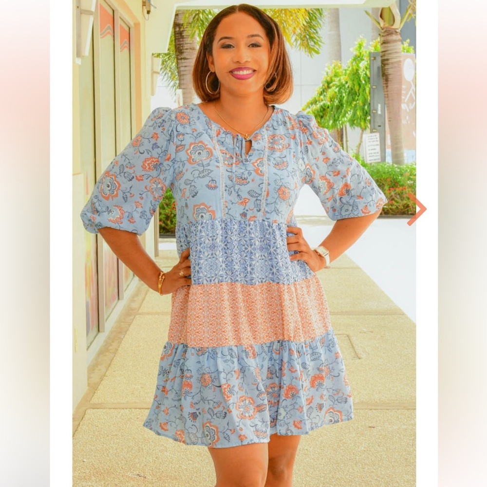 Marissa Olivia Gillian Boho Printed Balloon Sleeve Tiered Mini Dress Size Small
